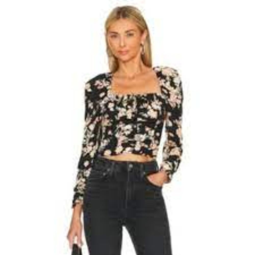 Free People Black Floral Square-Neck Long Sleeve Crop Top